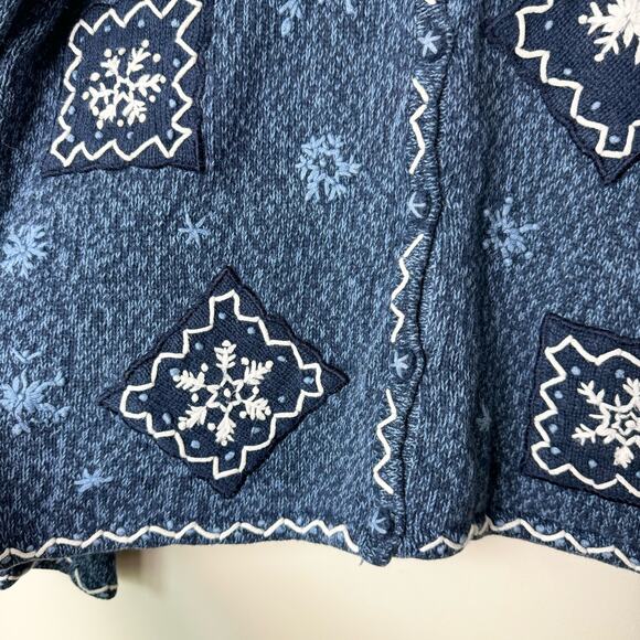 Erika blue white embroidered snowflake winter button front cardigan Petite Large - Picture 3 of 5